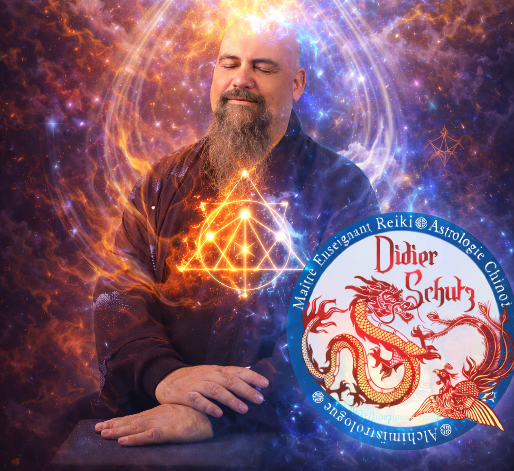 Homme en méditation avec une géométrie sacrée lumineuse et un emblème spirituel circulaire.