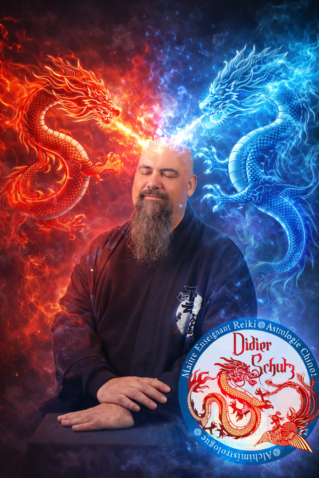 Un homme médite devant une énergie de dragon, avec un emblème de dragon circulaire dans le coin.