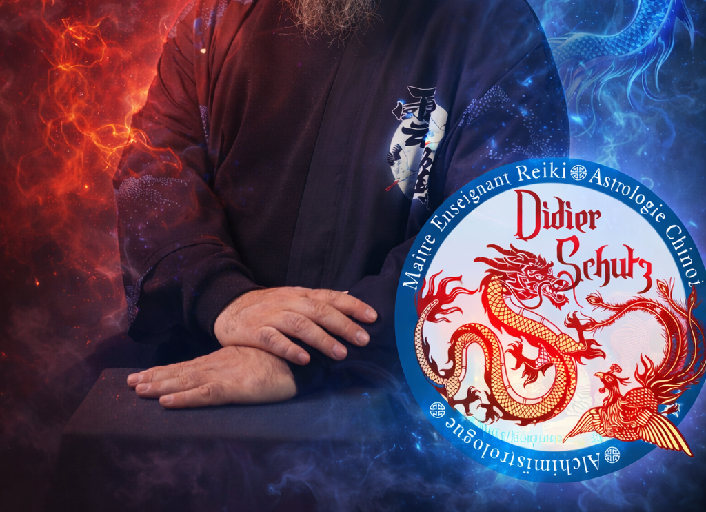 Homme en costume à côté d'un emblème circulaire de dragon.
