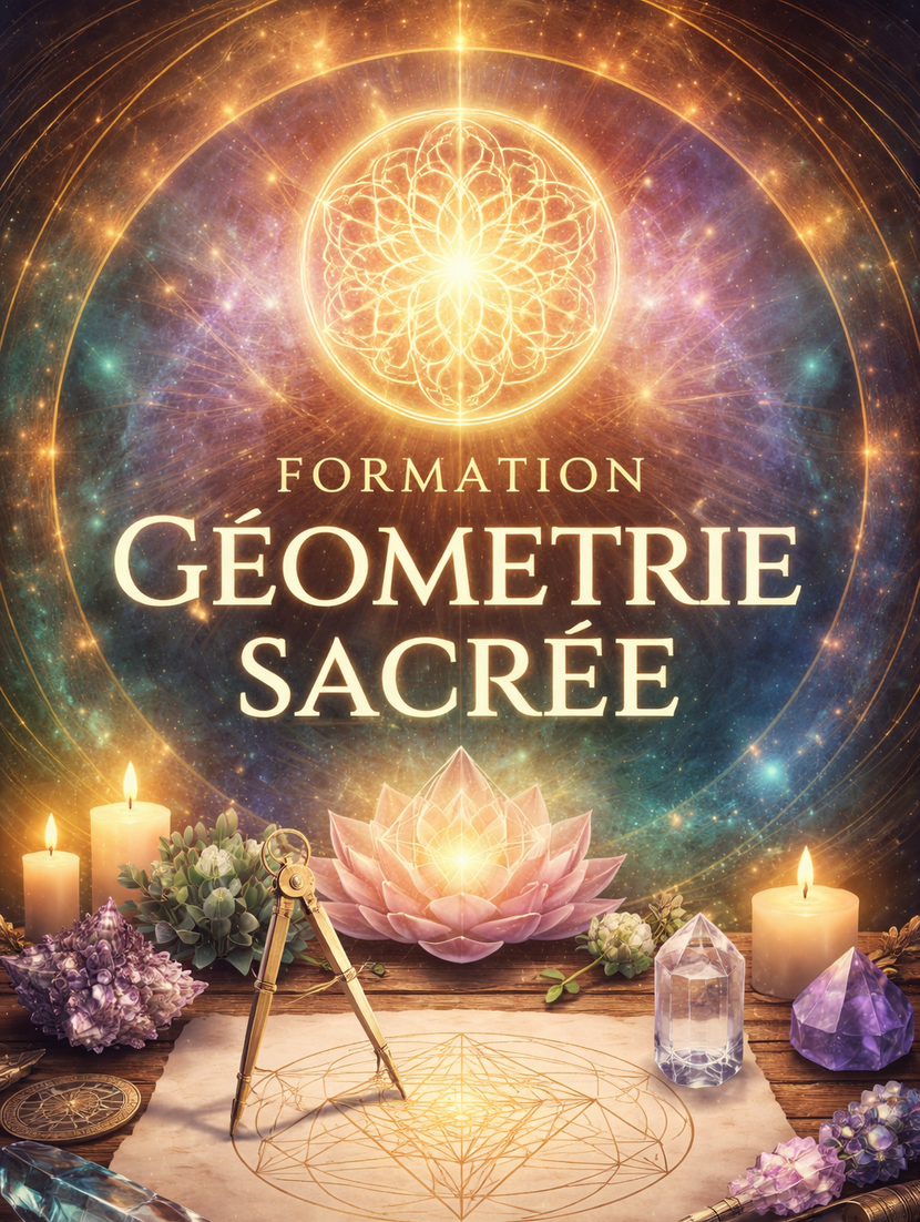Affiche spirituelle Formation Géométrie Sacrée avec mandala lumineux, bougies, lotus et cristaux sur fond cosmique.