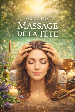 Affiche d’un massage de la tête, avec une femme les yeux fermés dans un décor chaleureux et floral.