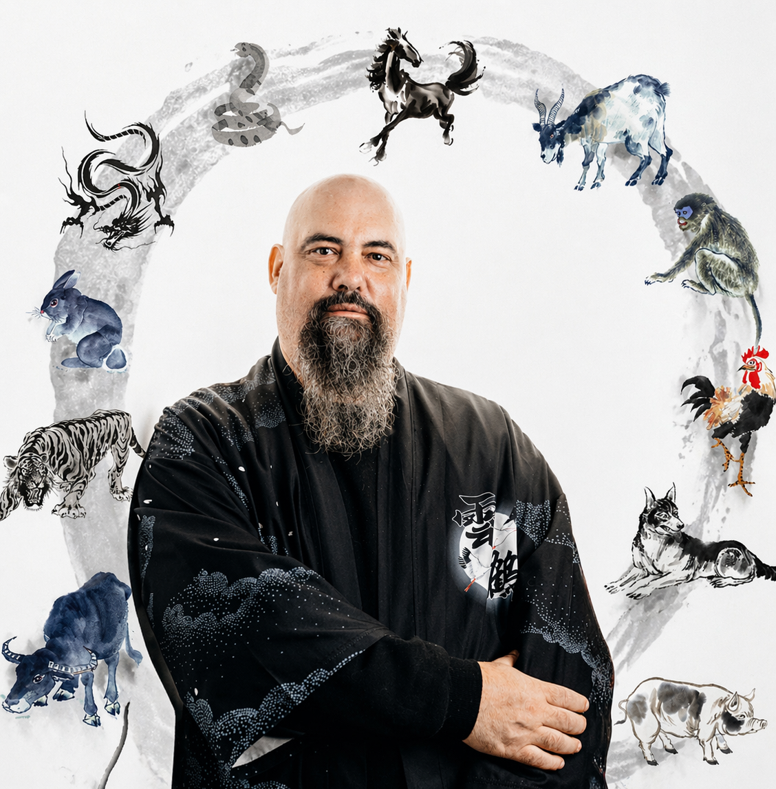Homme barbu avec des illustrations d'animaux circulaires.