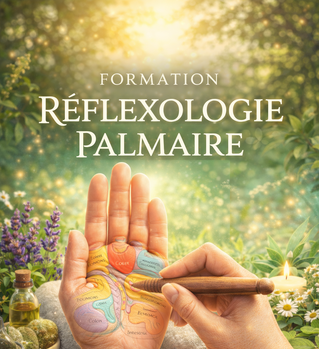 Formation de réflexologie palmaire avec une main dessinée et un stylet sur fond floral lumineux.