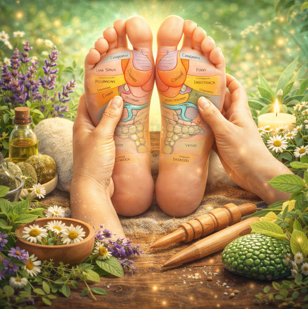 Formation de réflexologie plantaire avec pieds, mains, herbes.