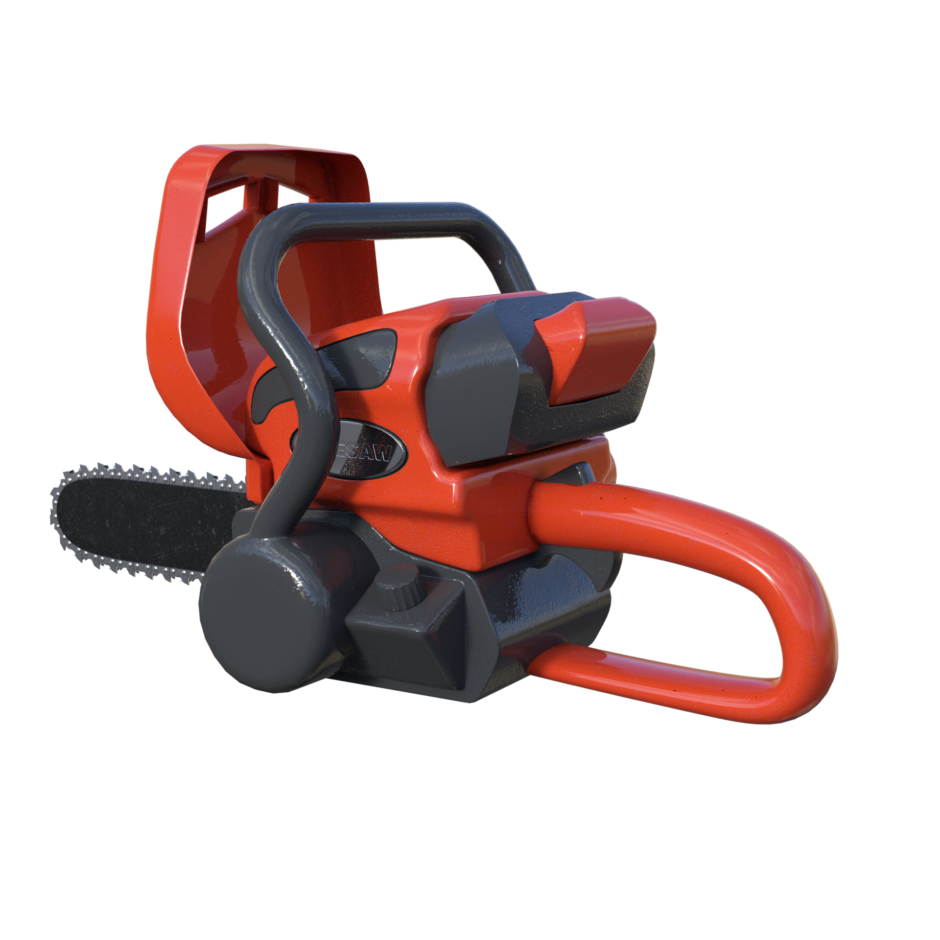 Une tronçonneuse jouet stylisée, orange et grise, sur fond blanc.