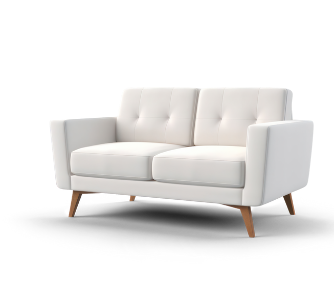Un canapé blanc deux places avec des coussins de dossier capitonnés et des pieds en bois clair sur un fond blanc uni.