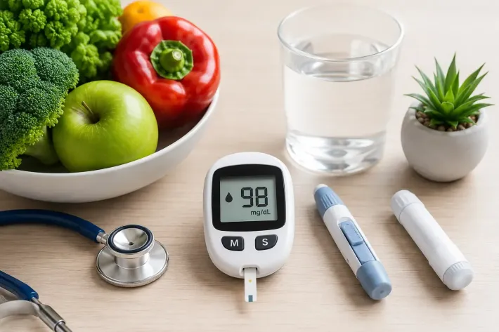Medidor de glucosa en sangre con lanceta, plumas de insulina, manzana, verduras, agua y un estetoscopio sobre una mesa.