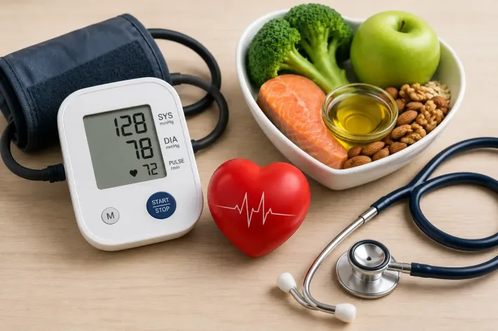 Un tensiómetro, un corazón rojo, un estetoscopio y alimentos saludables sobre una mesa simbolizan la salud del corazón.