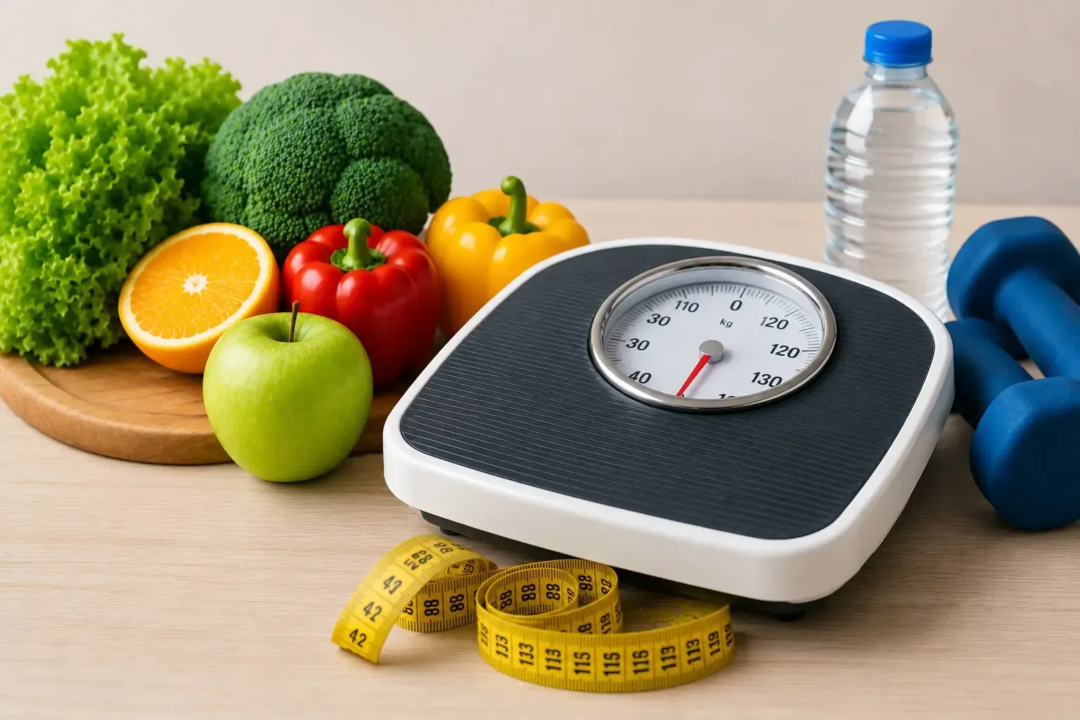 Balanza de baño con fruta, verduras, cinta métrica, botella de agua y mancuernas sobre una mesa de ejercicios.