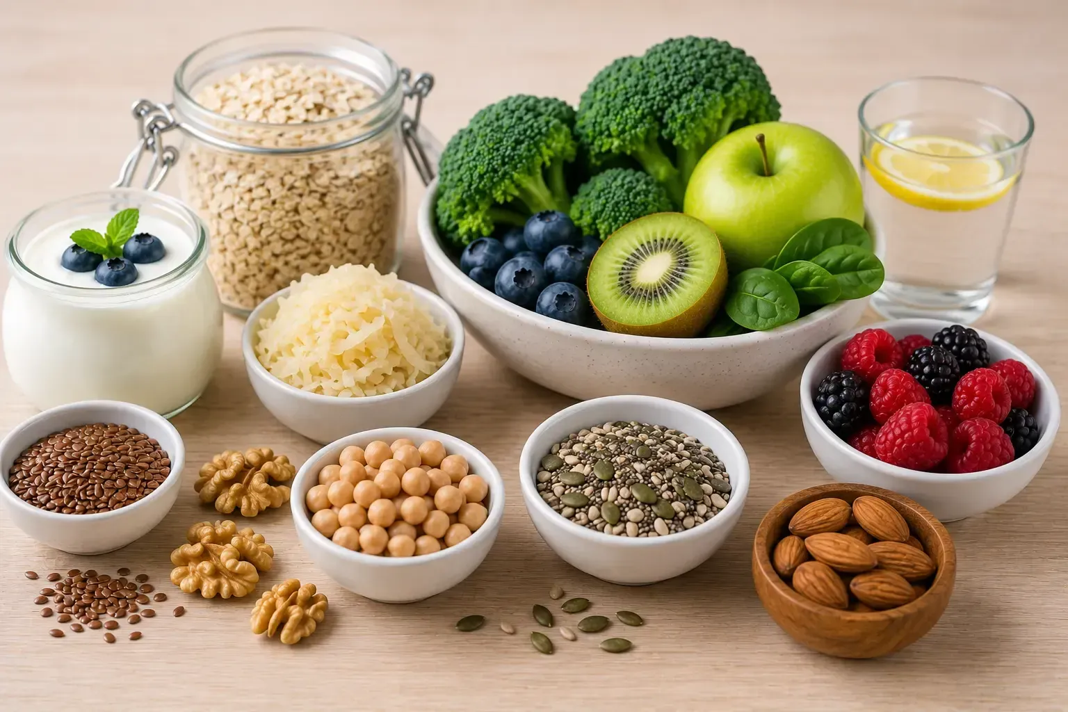 Variedad de alimentos y frutas saludables sobre una mesa, incluyendo avena, nueces, bayas, brócoli, kiwi y manzana verde.