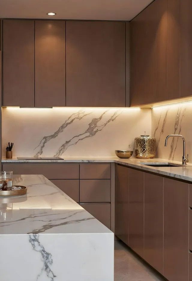 Cocina moderna con armarios de madera oscura, isla y salpicadero de mármol e iluminación cálida bajo los armarios