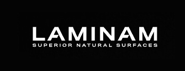Logotipo de LAMINAM en blanco sobre fondo negro con el eslogan «SUPERIOR NATURAL SURFACES»