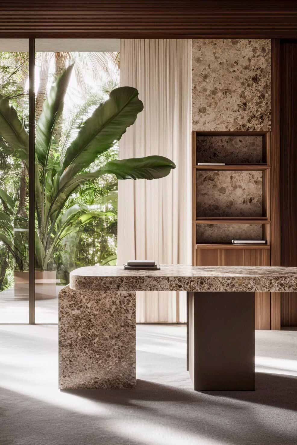 Comedor moderno con una mesa de terrazo, detalles de madera oscura y grandes plantas tropicales junto a una ventana