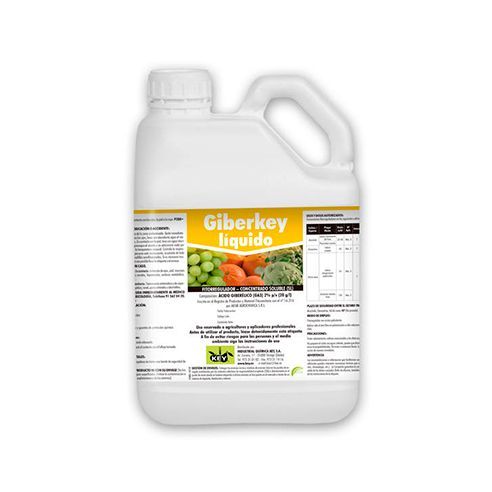 Una botella de Giberkey Liquido con etiqueta amarilla.