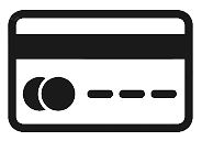 Un icono en blanco y negro de una tarjeta de crédito sobre un fondo blanco.