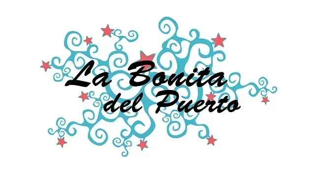 Un logotipo para La Bonita del Puerto con remolinos y estrellas.