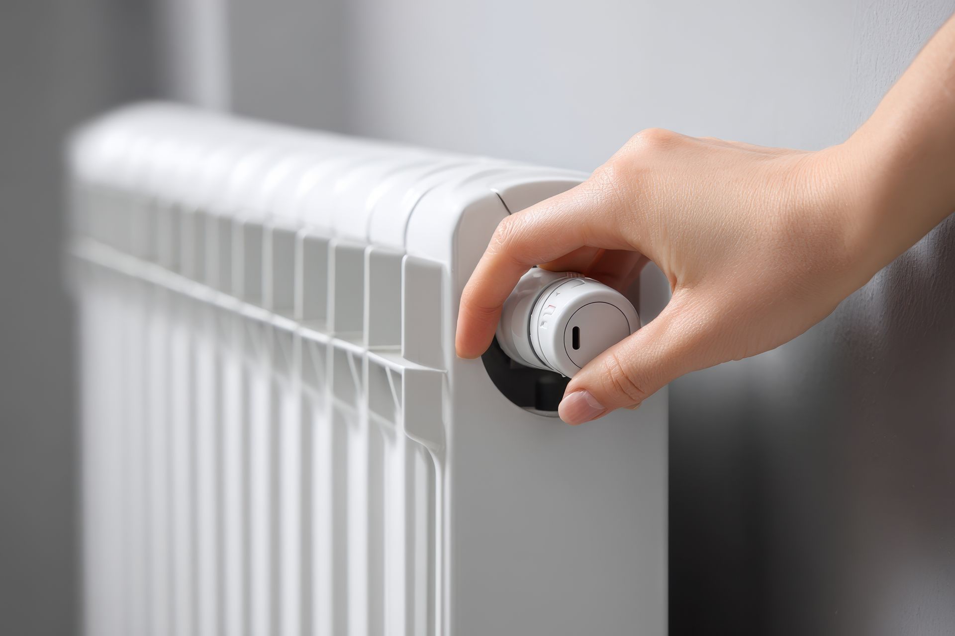 Une main sur le robinet d'un radiateur électrique ou à gaz