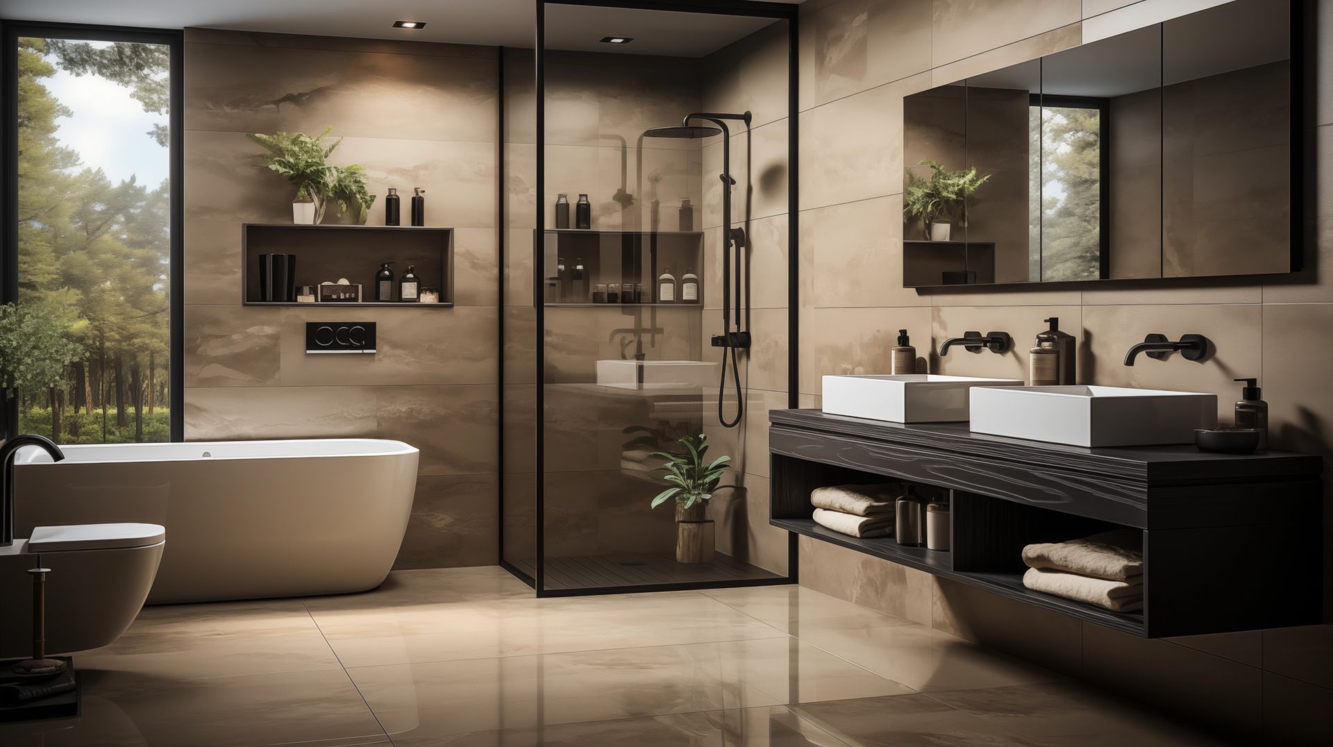 Salle de bains moderne aux tons neutres ; comprend une baignoire, une douche en verre et une double vasque.