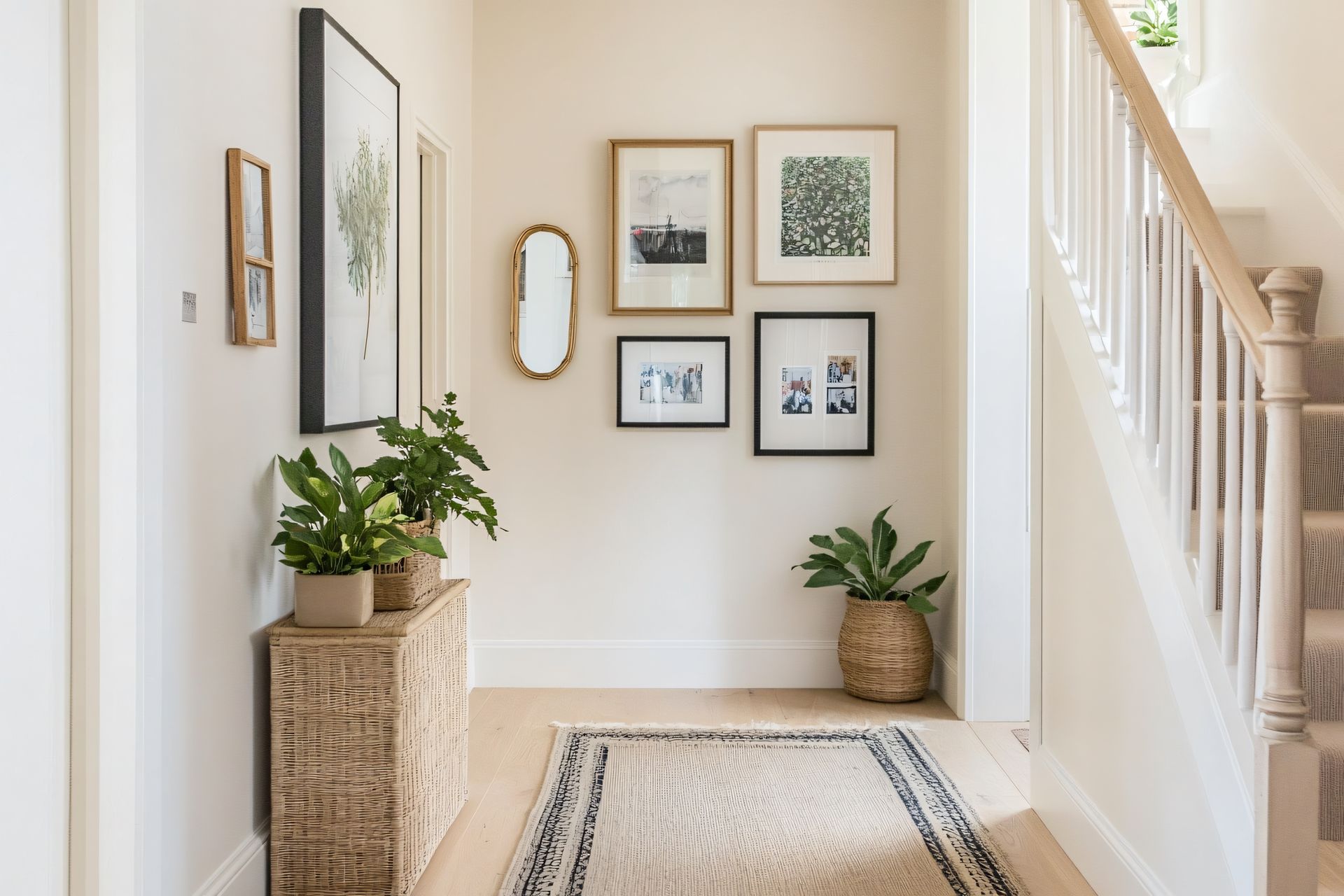 Couloir lumineux avec des tableaux encadrés, des plantes en pot, un tapis tissé et un escalier sur la droite.