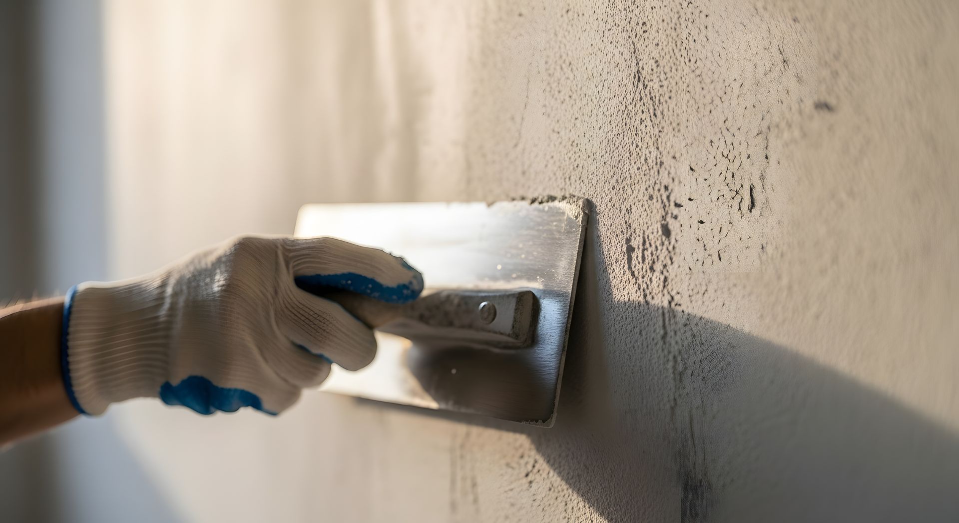 Main gantée lissant du plâtre frais sur un mur à l'aide d'une truelle.