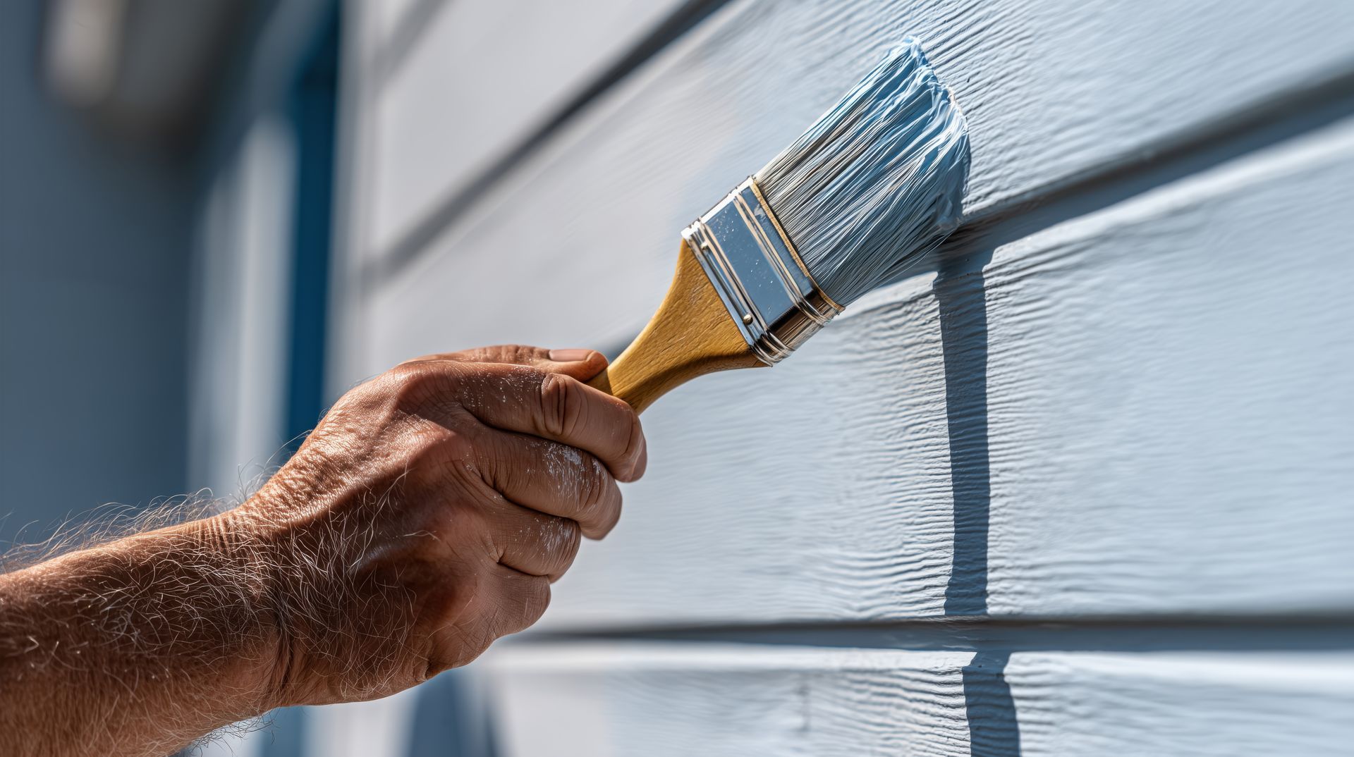 Une main tient un pinceau qui applique de la peinture sur les planches en bois d'un cabanon.