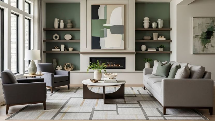 Salon moderne avec sièges gris, étagères intégrées vertes, art abstrait et table basse.