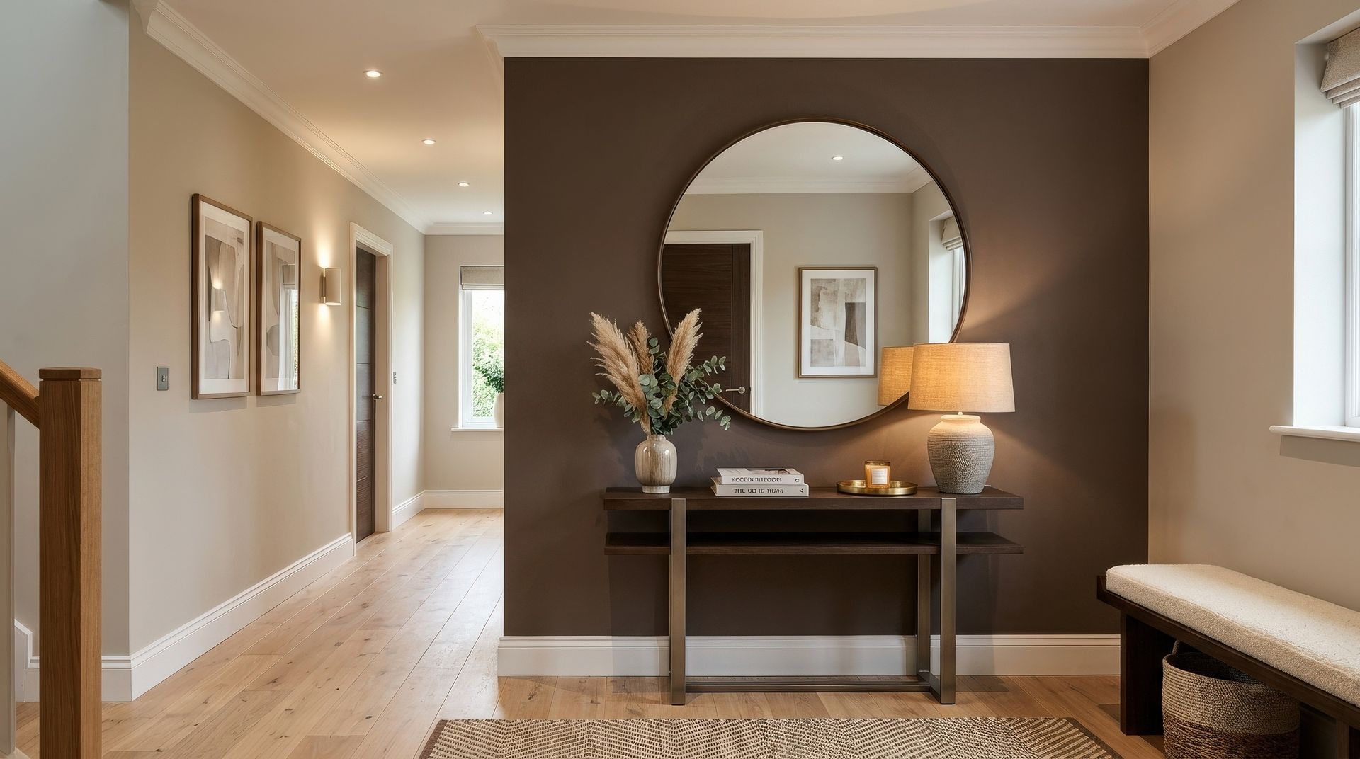 Élégant couloir avec console, miroir rond, lampe et tableaux encadrés sur des murs bruns et beiges.