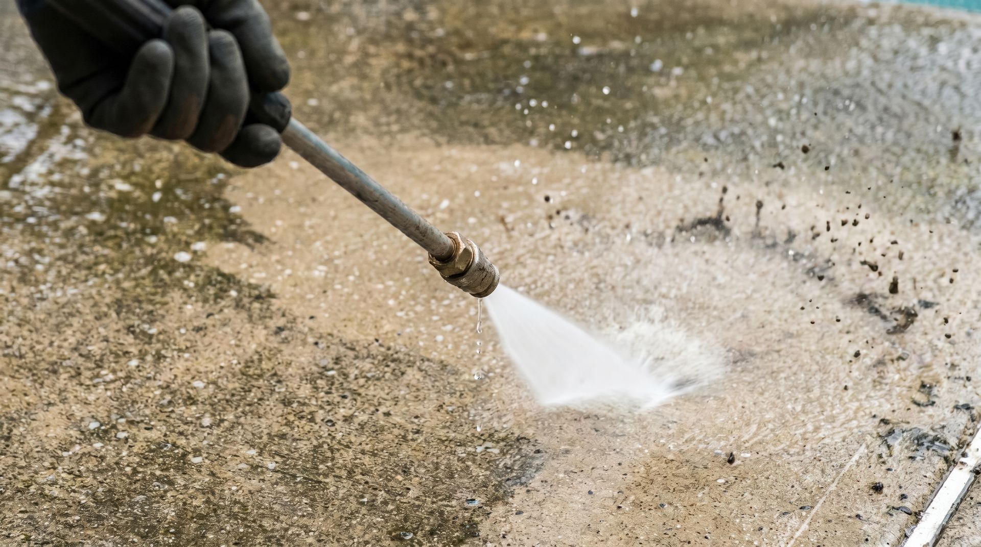 Une main gantée vaporise de l'eau pour nettoyer la saleté d'une surface en béton.