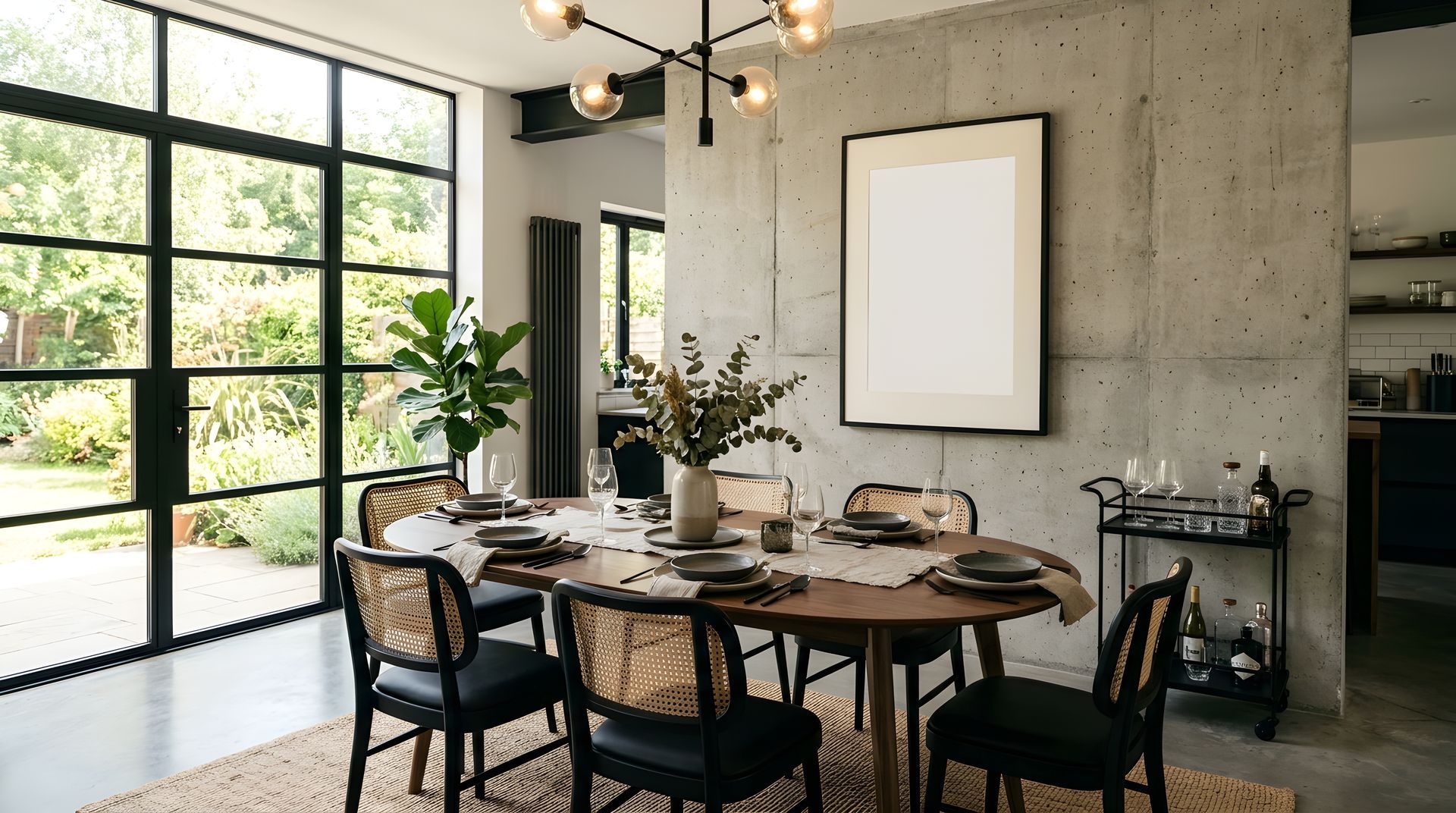 Salle à manger moderne avec une table en bois, des chaises noires et de grandes fenêtres donnant sur un mur en béton.