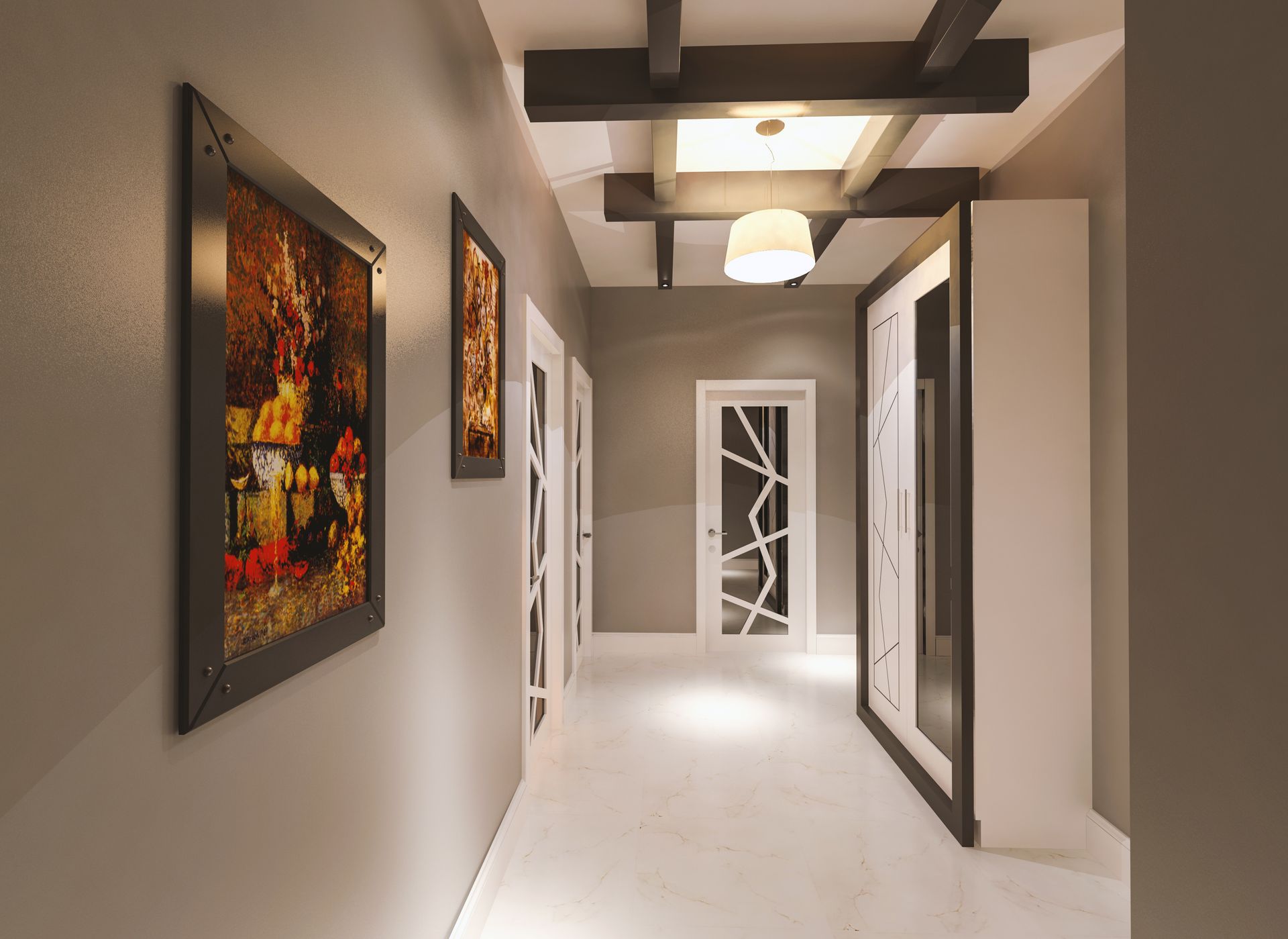 Couloir moderne avec murs blancs, poutres en bois, tableaux encadrés et suspensions lumineuses.