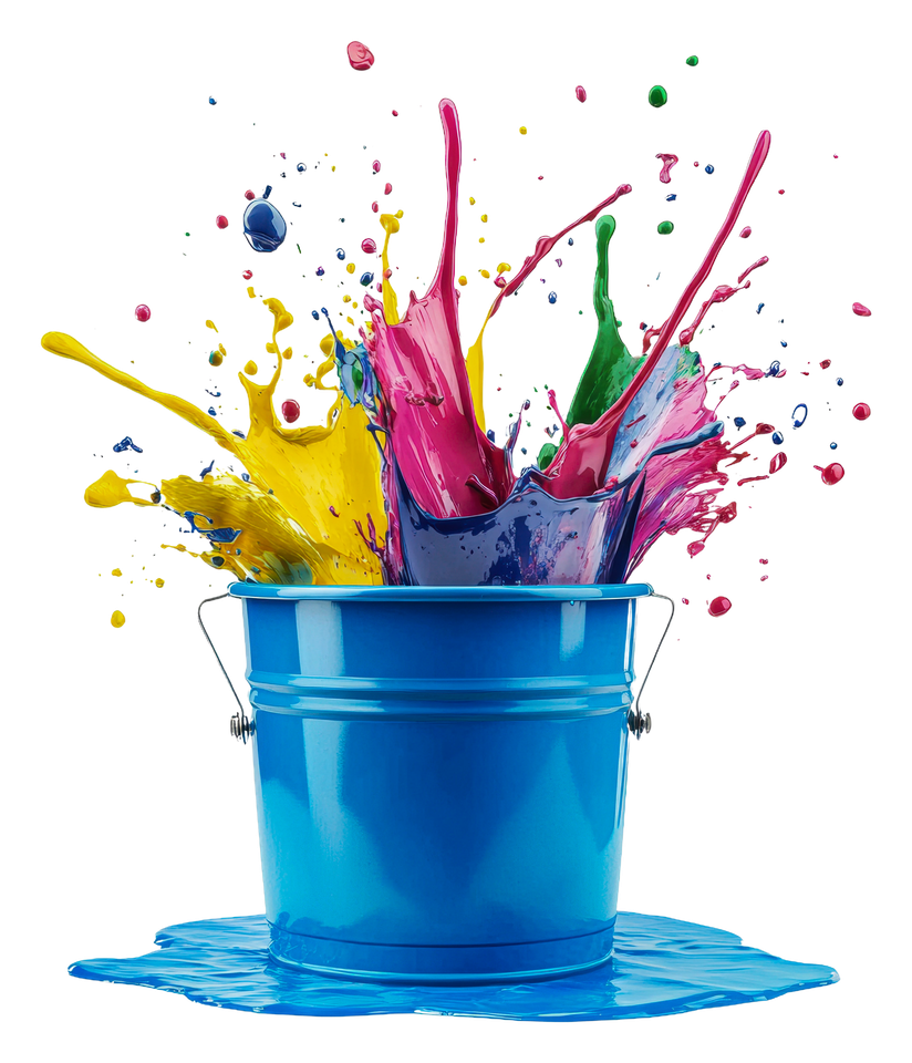 Un pot de peinture bleue projette des éclaboussures de peinture colorée.