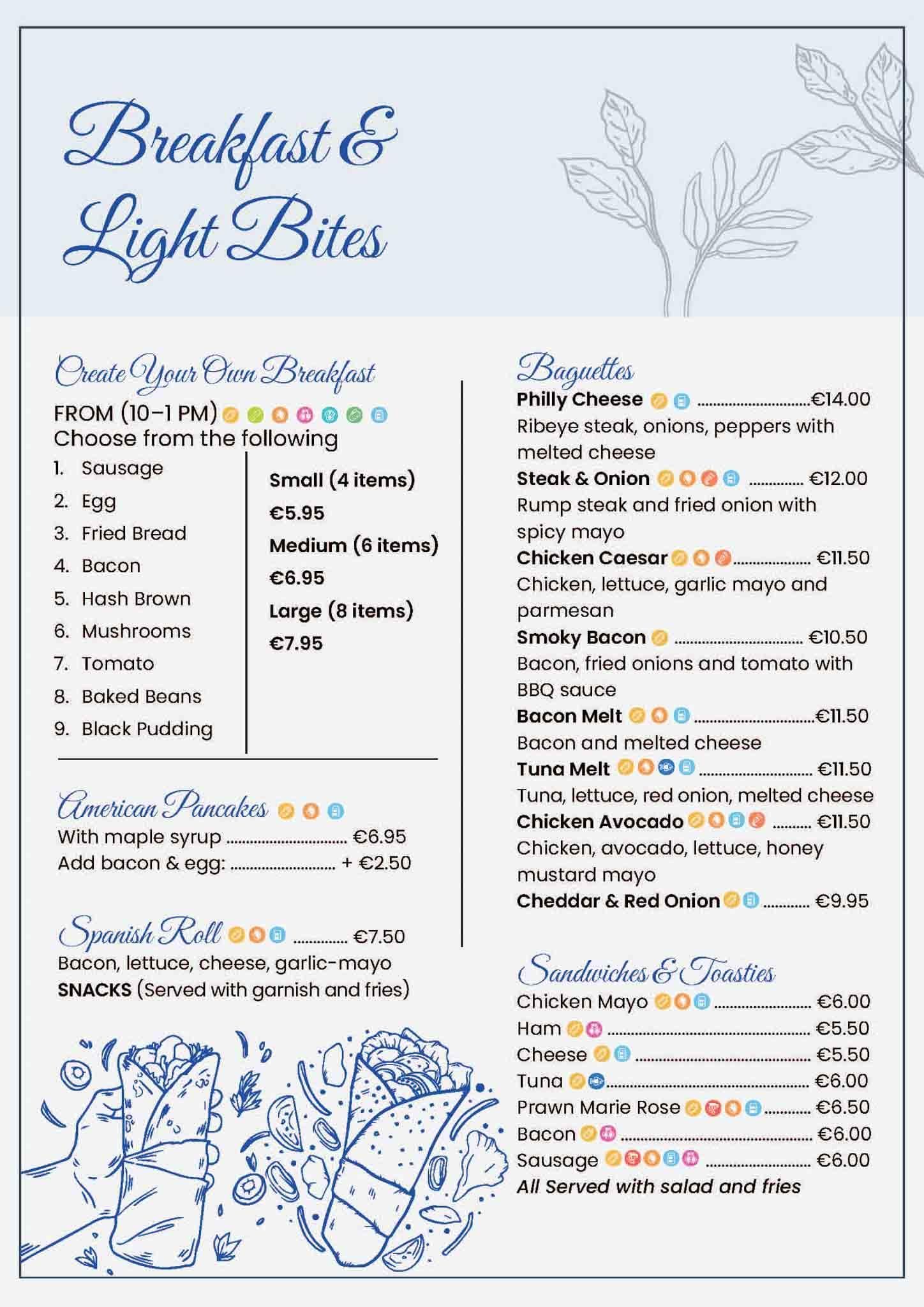 Menú para desayunos y aperitivos con opciones de comida y bebida.