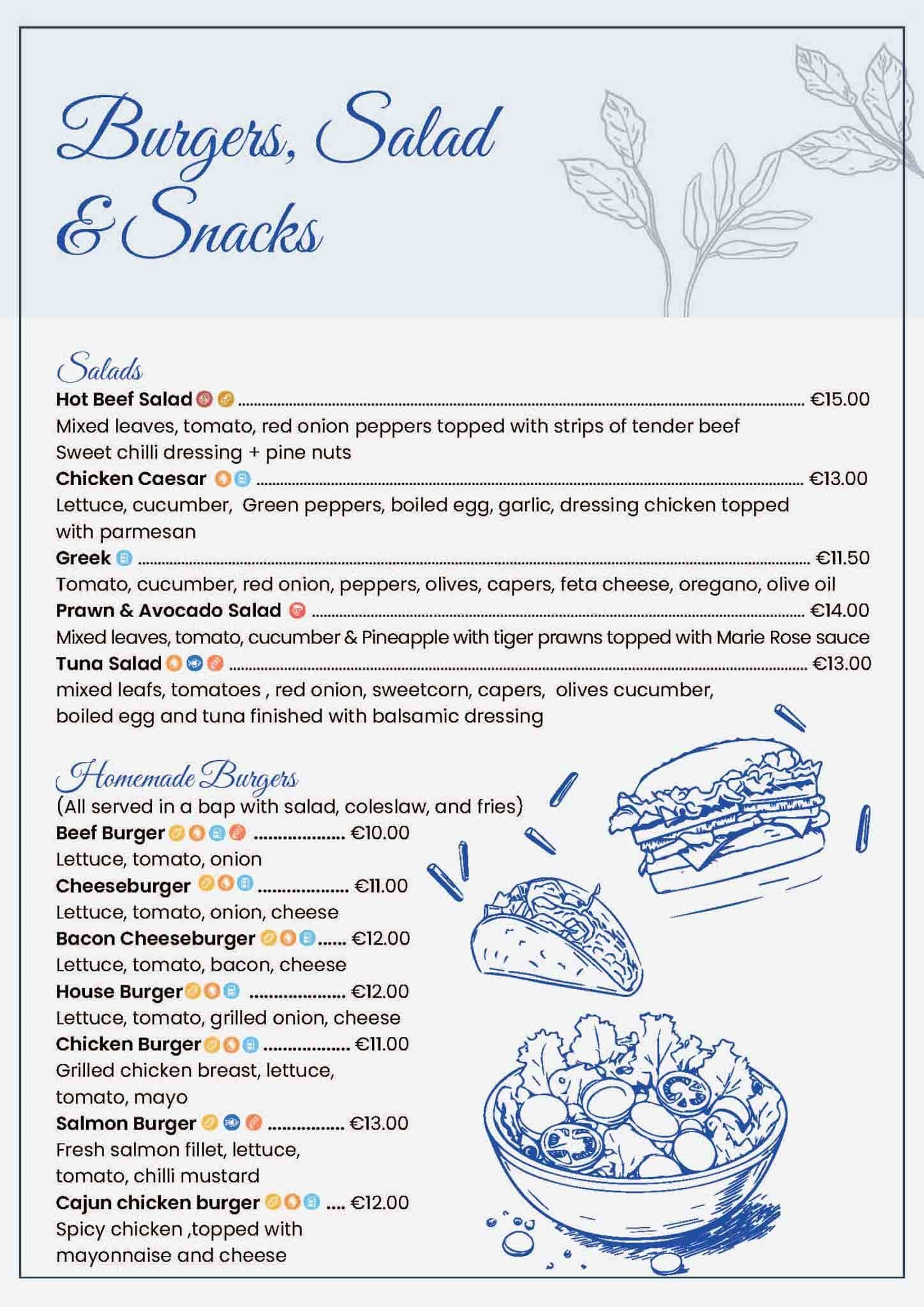 Página de menú con hamburguesas, ensaladas y bocadillos sobre fondo azul.