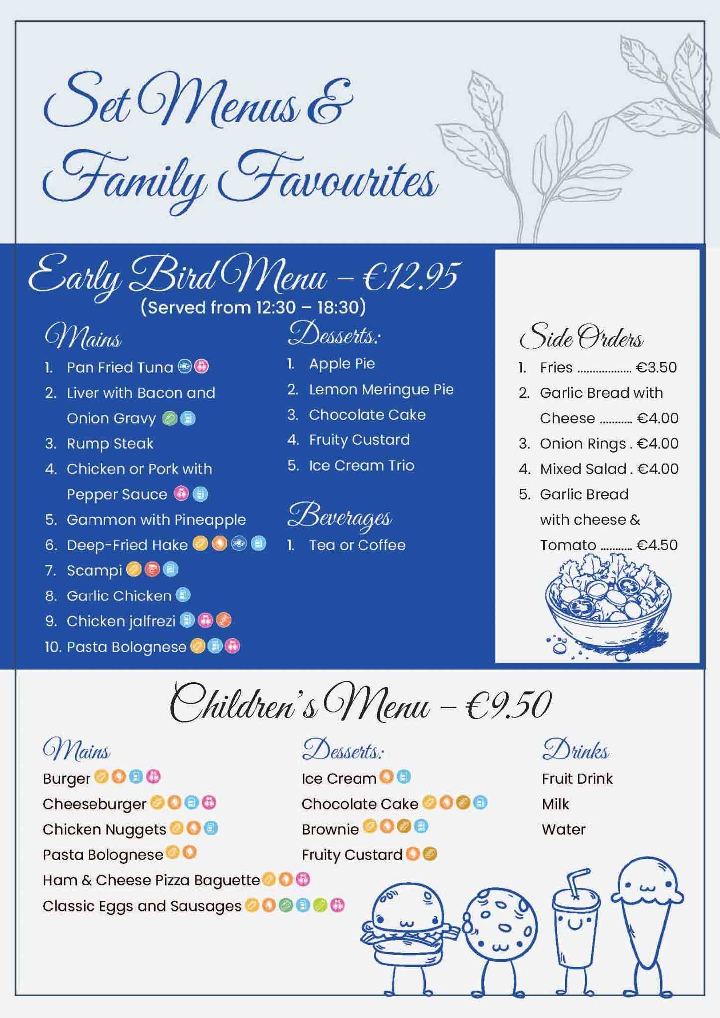Menú del restaurante con “Menús del día y favoritos de la familia”, “Menú para madrugadores” y “Menú infantil”.