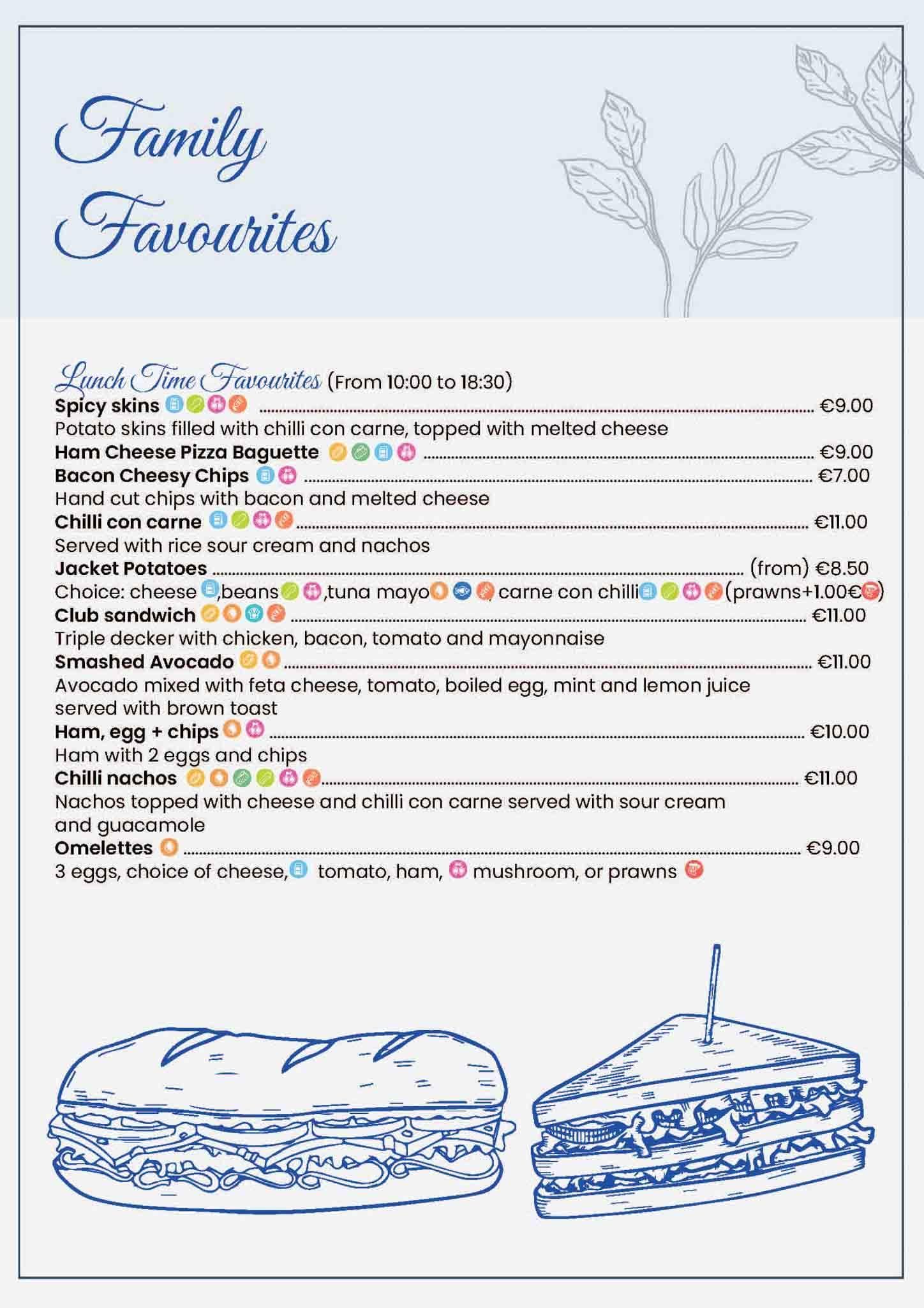 Menú: “Favoritos de la familia”, con ilustraciones de sándwiches e íconos de comida coloridos.