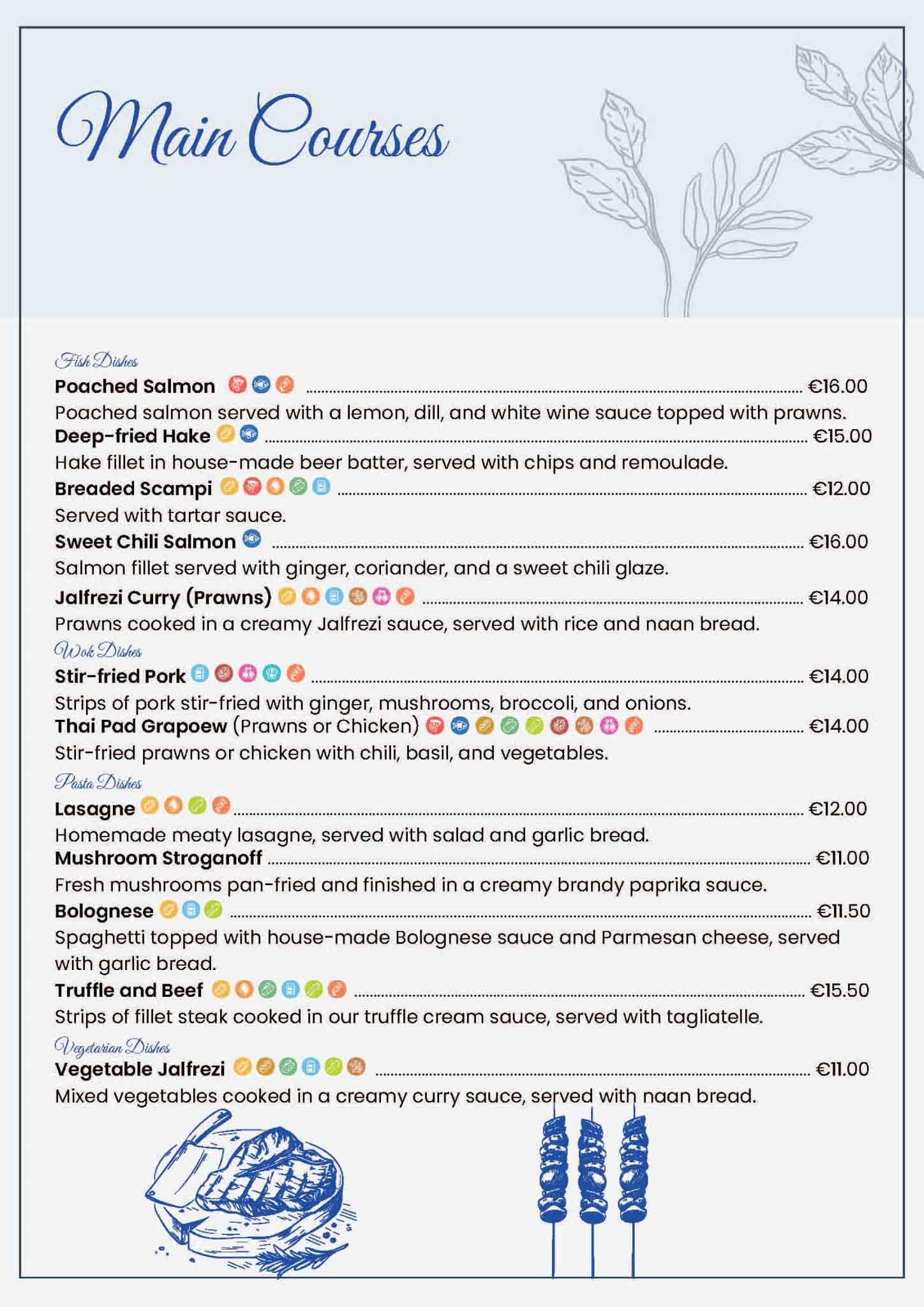 Menú titulado “Platos Principales” con opciones de comida y precios.
