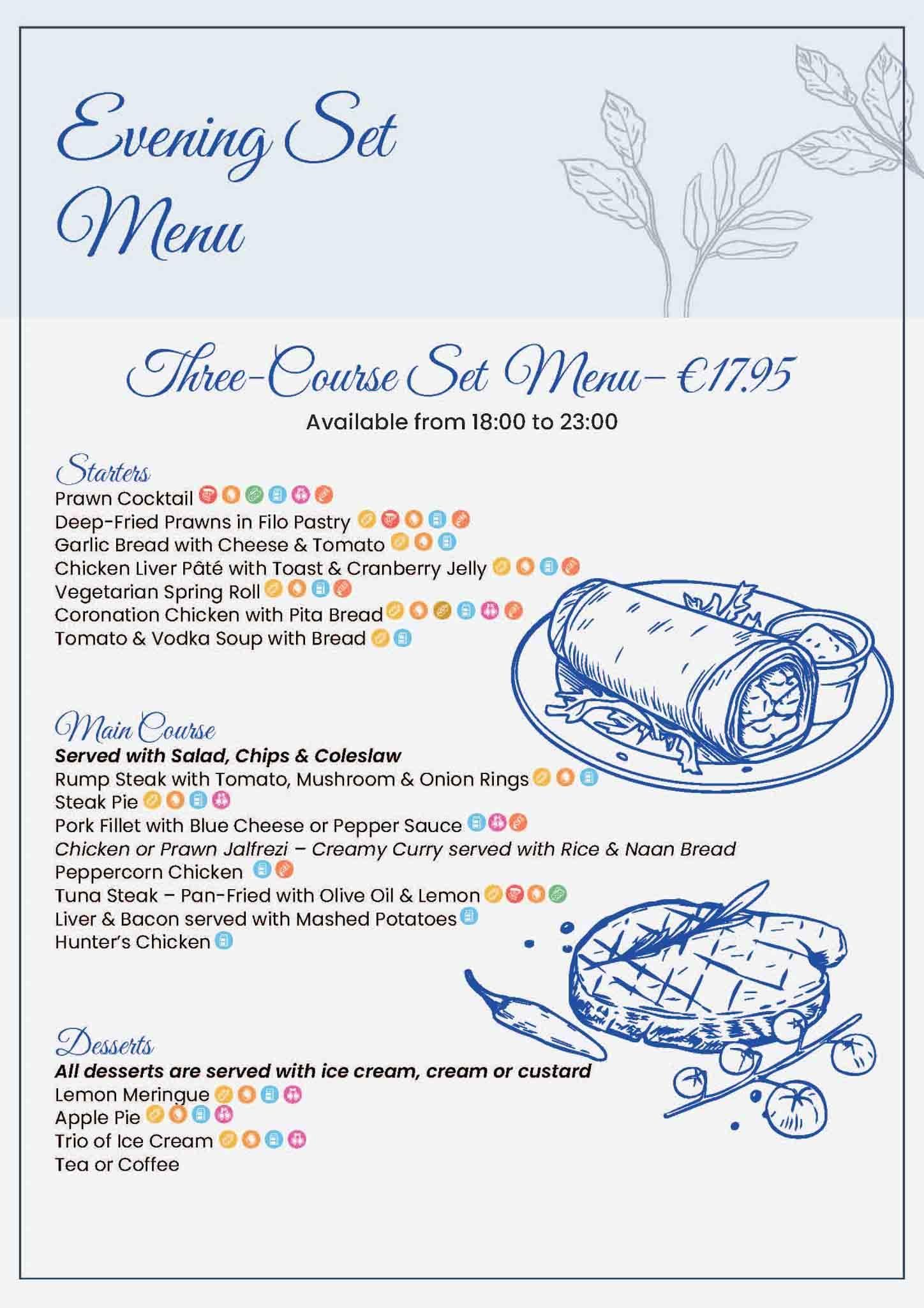 Menú de noche: menú de tres platos con comida ilustrada.