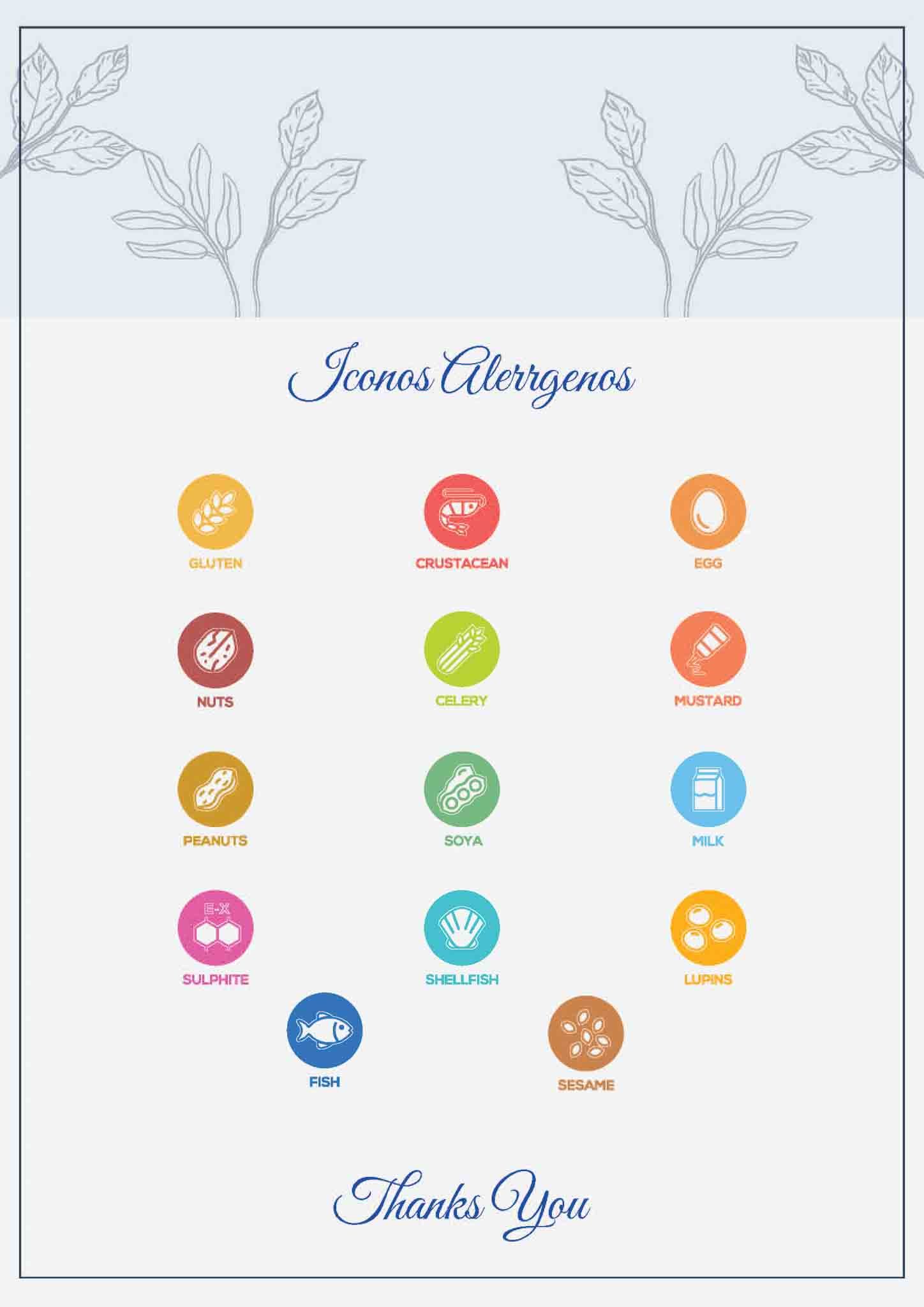Iconos de alérgenos alimentarios en círculos de colores. Fondo azul claro.