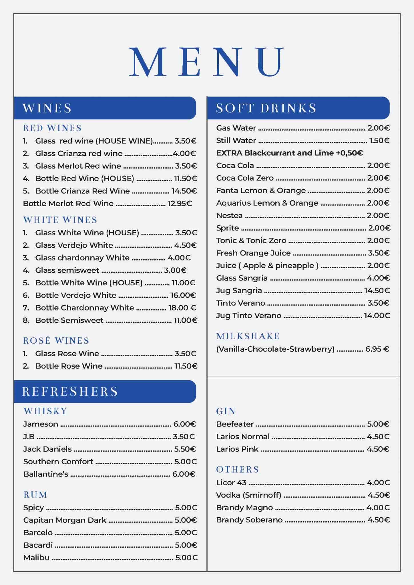 Menú con encabezados azules y fondo blanco. Incluye vino, refrescos, cafés y licores.