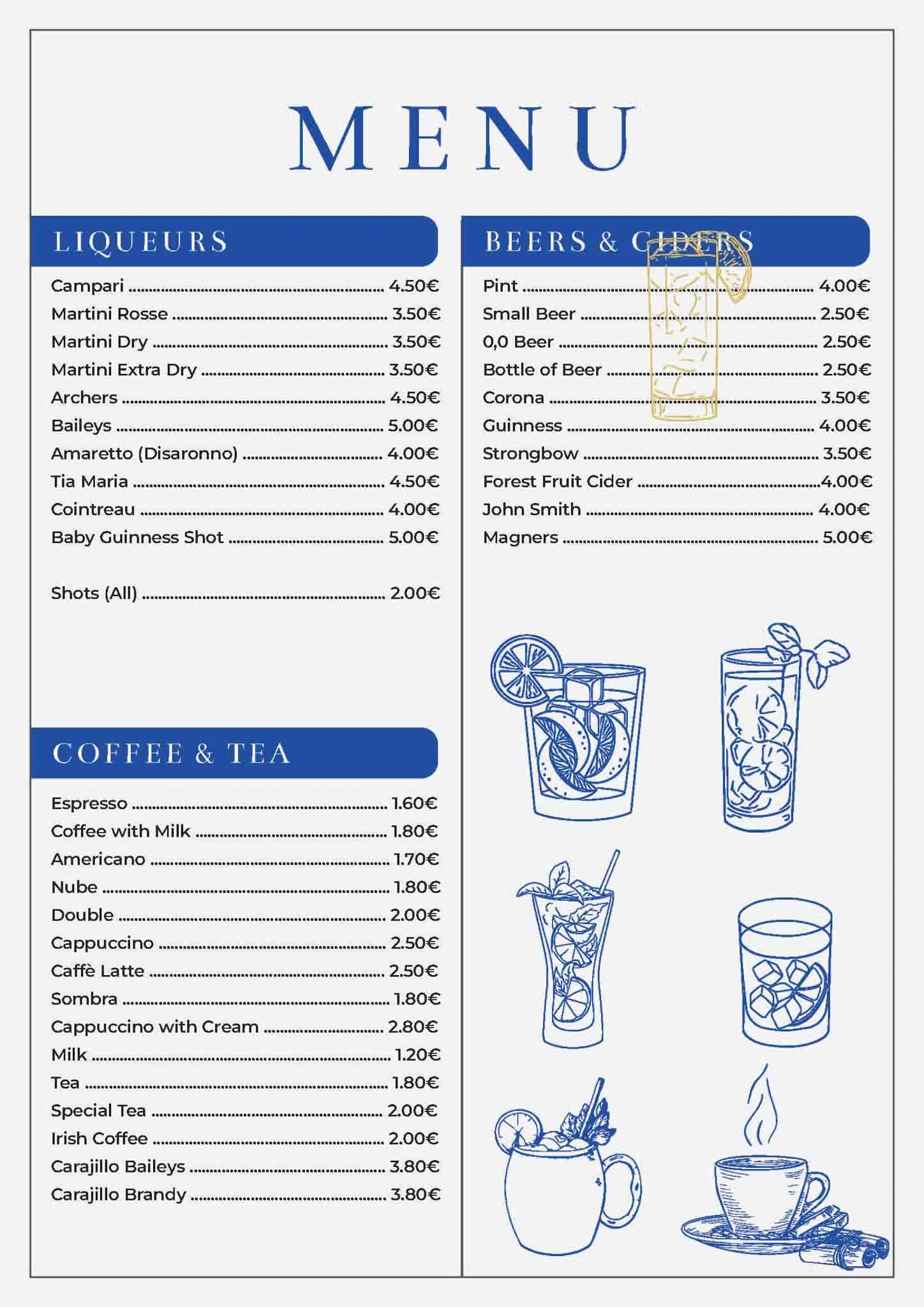 Carta con secciones para licores, bebidas y jugos, y café y té en azul y blanco.