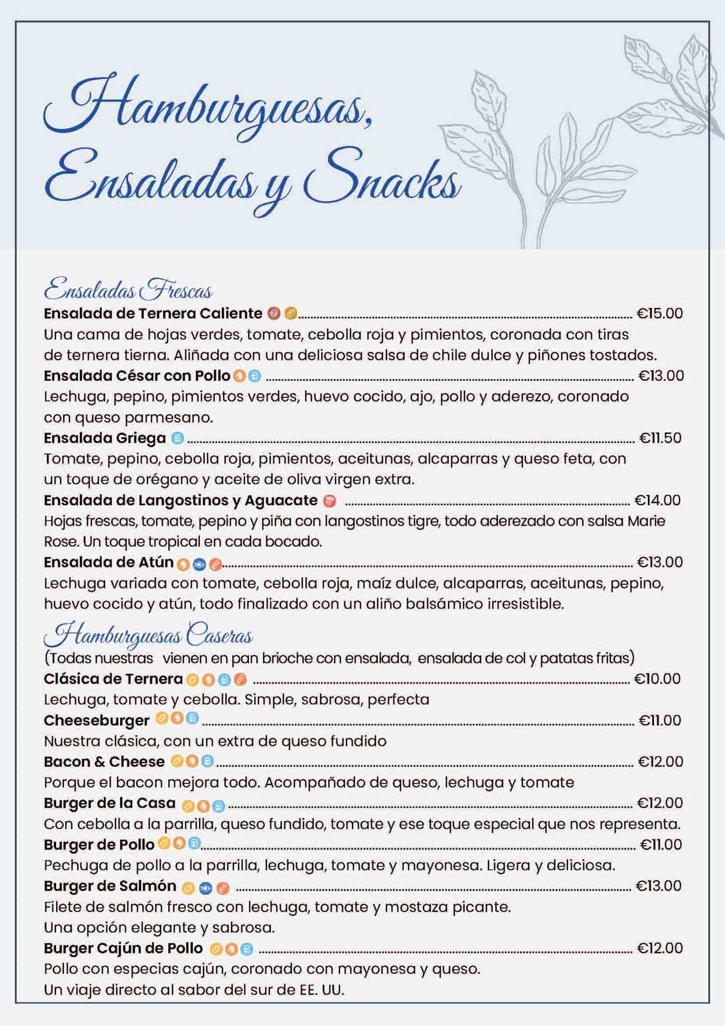 Menú de hamburguesas, ensaladas y snacks con texto en español sobre fondo azul claro.