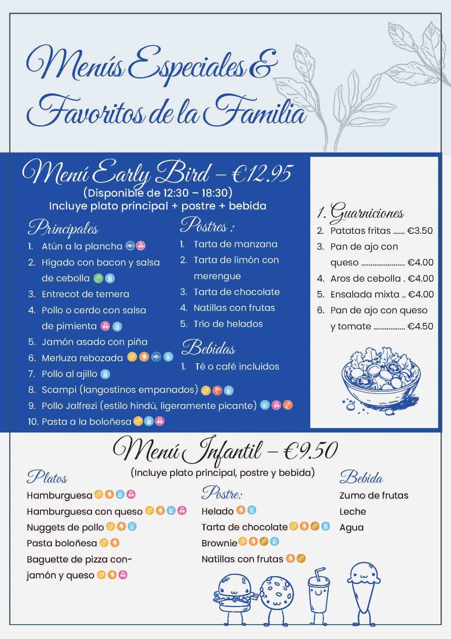 Menús para adultos y niños con precios. Fondo azul y elementos decorativos.