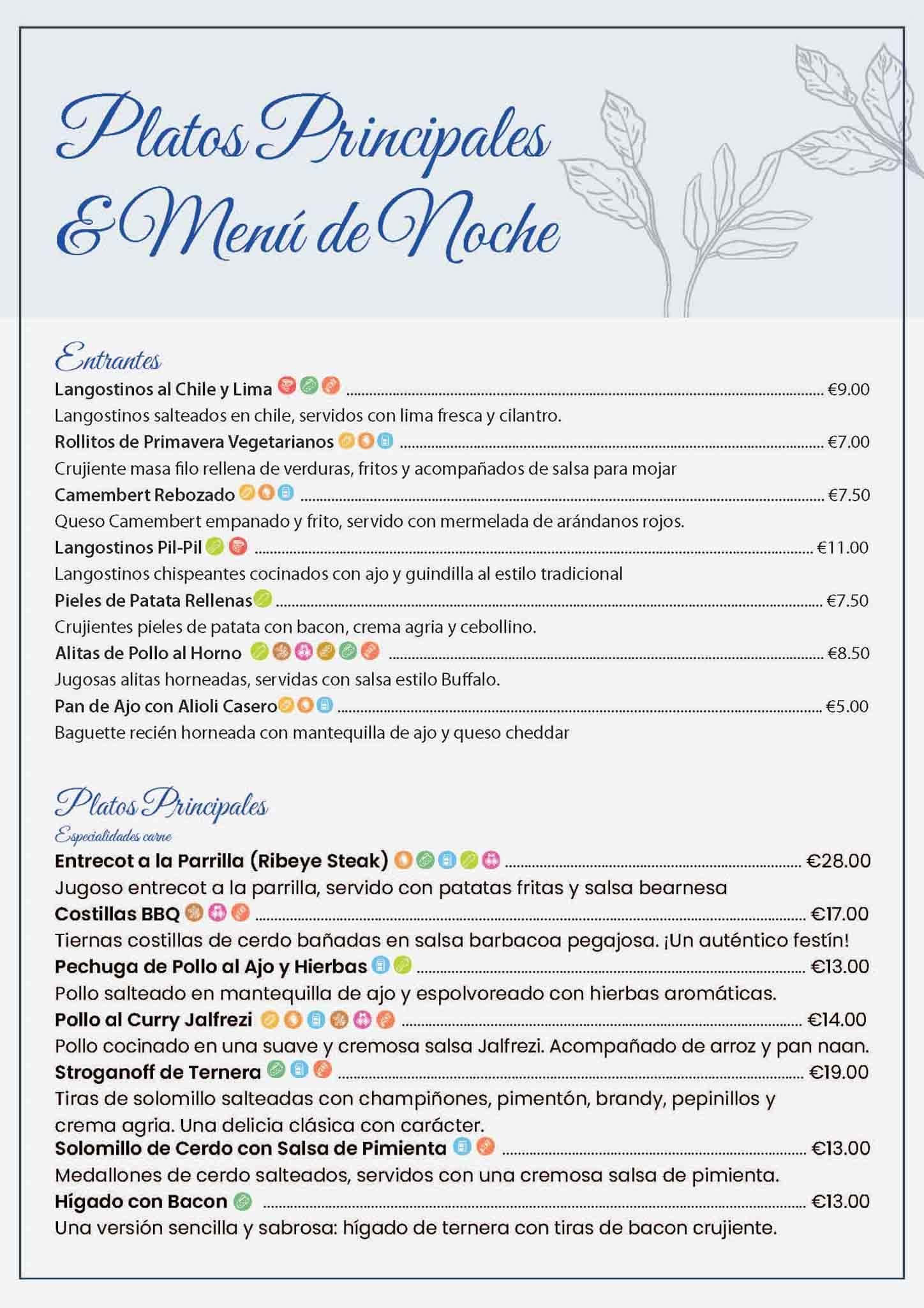 Menú para cenar, con platos principales y precios.