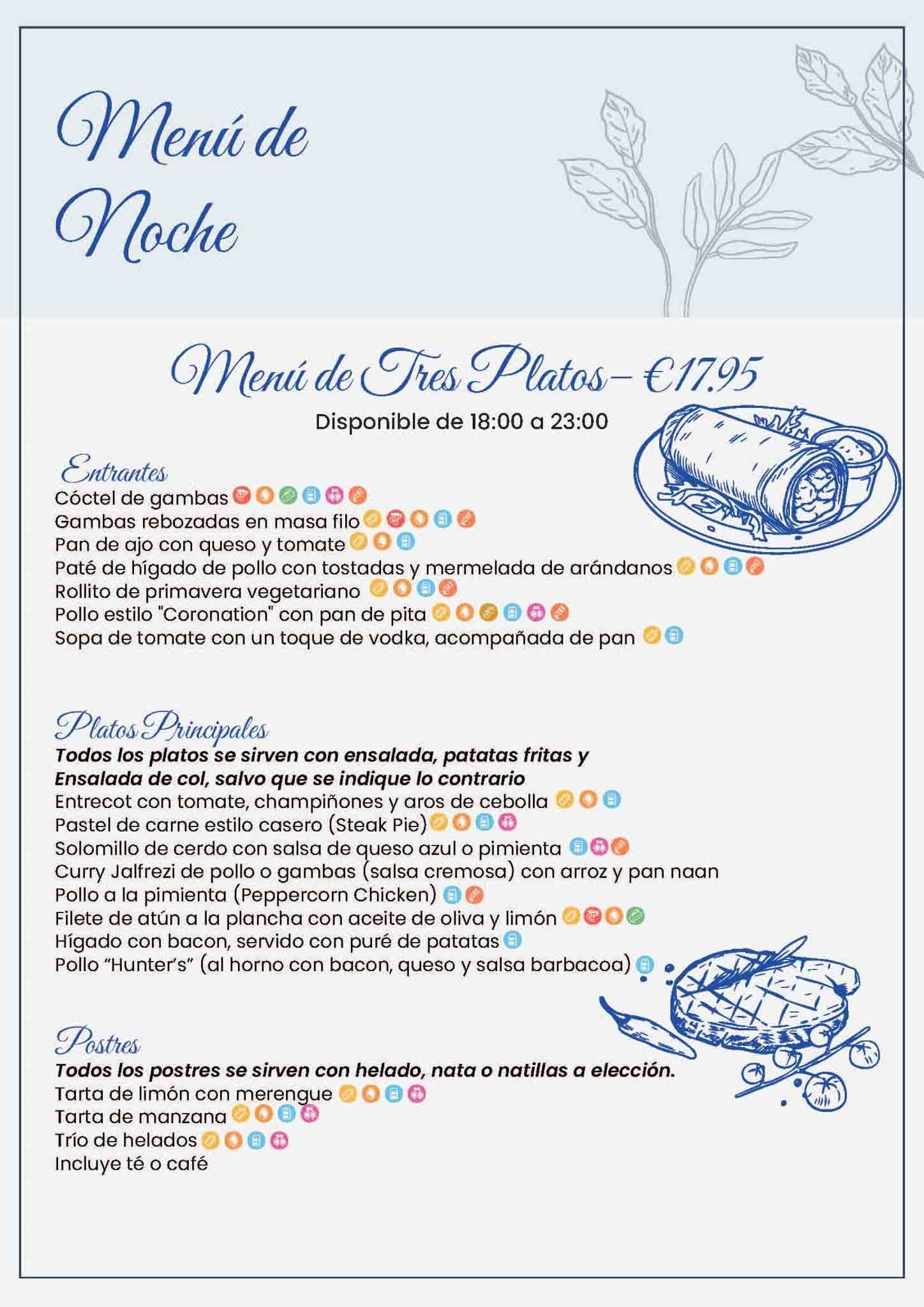 Menú en español titulado “Menú de Noche” con una selección de comida de tres platos.