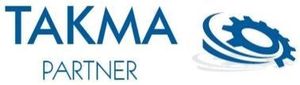 Logotipo de socio de TAKMA con texto azul y un gráfico de engranaje.