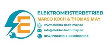 Logo für Elektromeisterbetrieb Marco Koch & Thomas May: blauer und orangefarbener Blitz mit Kontaktinformationen.