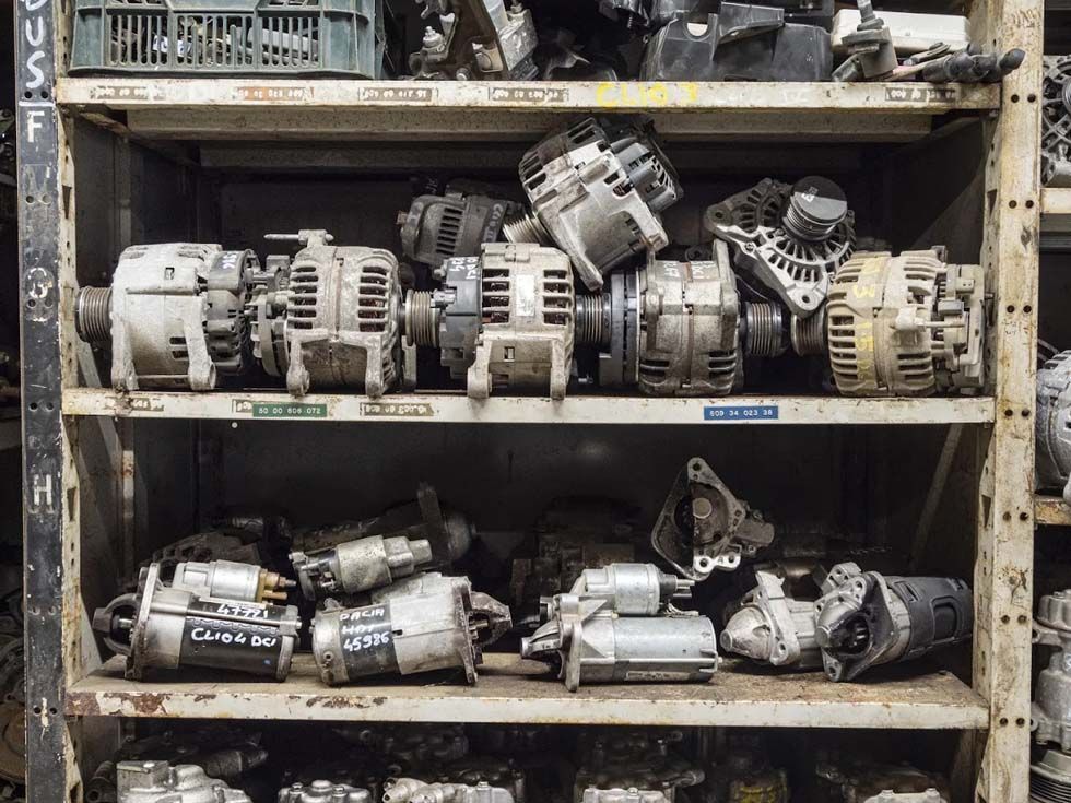 Des étagères remplies d'alternateurs et de démarreurs d'occasion dans un entrepôt ou un magasin de pièces automobiles