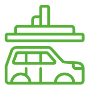 Icône verte représentant une voiture avec des bagages sur le toit, vue de profil.