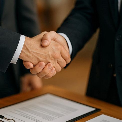 Dos personas con traje dándose la mano sobre un documento firmado en un escritorio.