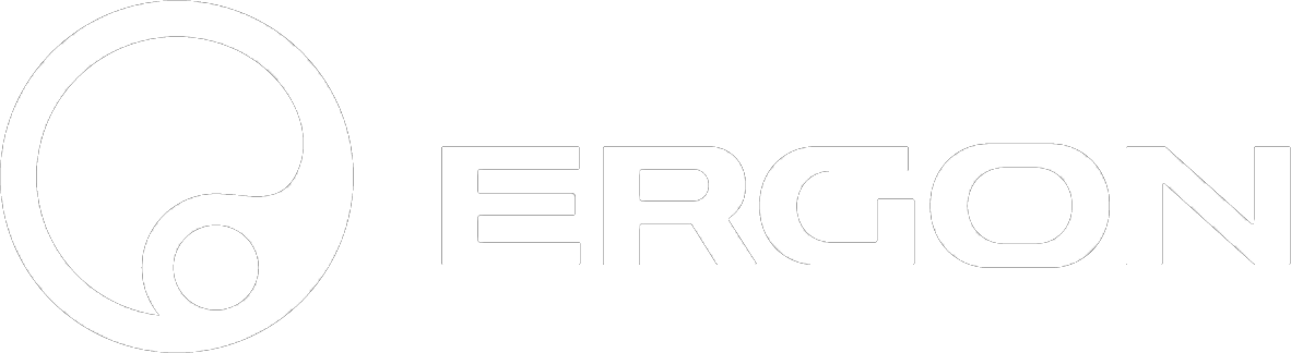 Weißes Logo bestehend aus einem abstrakten, kreisförmigen stilisierten Symbol neben dem Wort „ERGON“ in einer modernen serifenlosen Schriftart.